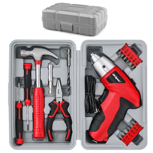 Hi-Spec 19pc 3.6V USB Small Power Screwdriver & Home DIY Tool Kit Set. Cordless & Rechargeable Electric Screwdriver and Compact Hand Tool Box Set,Red - color: Light Red