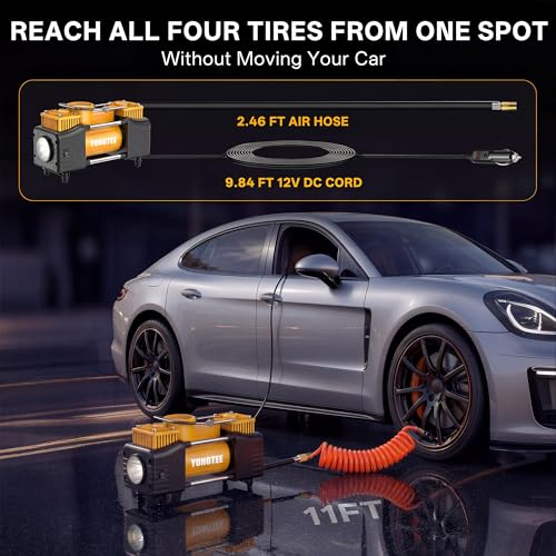 YUNGTEE Yellow Tire Inflator Heavy Duty Double Cylinders Direct Drive Inflation Pump,12V Portable Air Compressor Pump with Emergency LED Light - 150PSI Tire Pump,Apply to Car,Suv,RV - color: Yellow