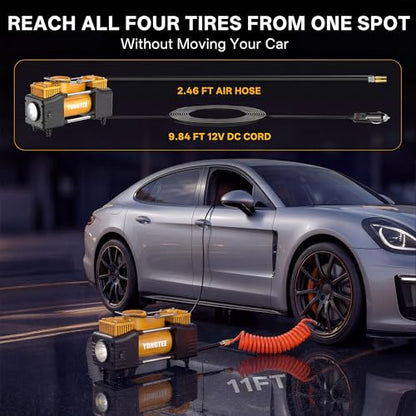 YUNGTEE Yellow Tire Inflator Heavy Duty Double Cylinders Direct Drive Inflation Pump,12V Portable Air Compressor Pump with Emergency LED Light - 150PSI Tire Pump,Apply to Car,Suv,RV - color: Yellow