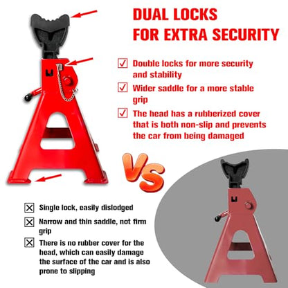 3 Ton Jack Stands (6,600 LBs Capacity) - Heavy Duty Car Jack Stand with Double Pin Locking, 11.22"-16.54" Adjustable Height, Extra Rubber Pads for Trucks, Garage, Vehicle Lifting, 1 Pair Red - color: Red, size: 3 Ton Jack Stands with Rubber Pads