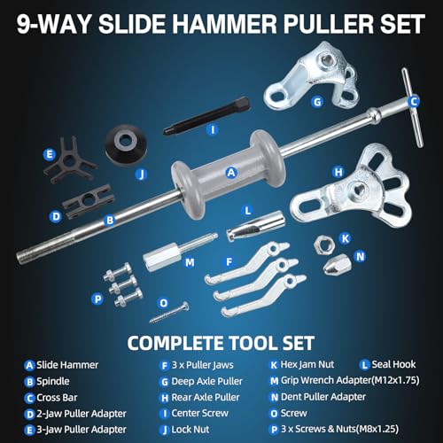 8MILELAKE 9 Way Slide Hammer Puller Axle Front Rear Wheel Bearing Dent Hub Gear Puller Remover Set