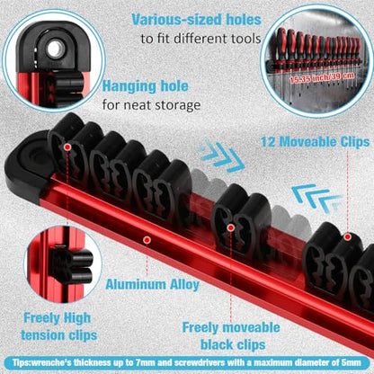 Ceenna 9 Set Magnetic Socket Organizer and Magnetic Screwdriver Organizer 6 Pcs 1/4", 3/8" & 1/2" Socket Rail Trays 3 Pcs Screwdriver and Wrench Holder Aluminum Alloy Tool Holder Red Blue Green