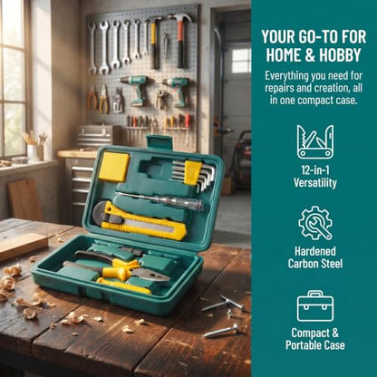 12Piece Household Set Car Toolbox Socket Wrench Auto Repair Combination Package Mixed Tool Set Hand Kit with Plastic Storage Case