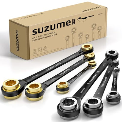 SUZUME 6PCS 4 in 1 Ratchet Wrench Metric (8-19mm) SAE (1/4"-3/4") | Reversible Ratcheting Bouble Box End 72-Tooth CR-V Auto Motorcycle Bicycle Industrial and Mechanical Repair with Storage Bag - size: Metric & SAE