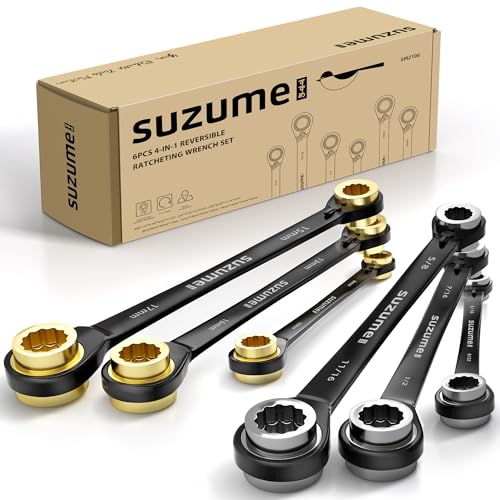 SUZUME 6PCS 4 in 1 Ratchet Wrench Metric (8-19mm) SAE (1/4"-3/4") | Reversible Ratcheting Bouble Box End 72-Tooth CR-V Auto Motorcycle Bicycle Industrial and Mechanical Repair with Storage Bag - size: Metric & SAE
