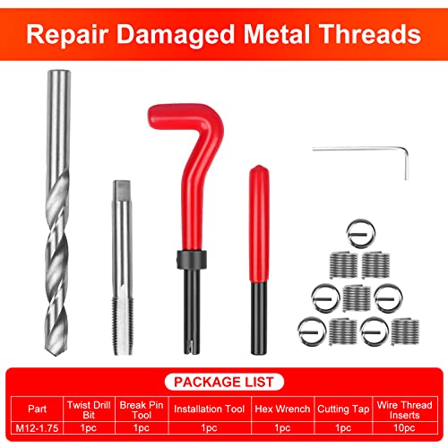 15PCS Helicoil Metric Thread Repair Insert Kit M12*1.75mm Bits | with HSS Drill Bits, Rethreading Inserts Tool Set for Damaged Thread Repairing (Red) - size: Metric,M12×1.75mm