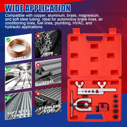 NYXOVA Brake Line Flaring Tool Kit, Double & Single 45° Flaring Tool Set with Tubing Cutter & 5 Adapters, Brake Line Repair Kit for Copper, Aluminum, Brass, Magnesium & Soft Steel Tubing