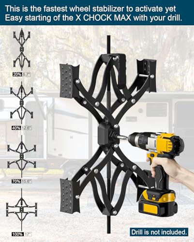 Black X-Shape Wheel Chocks Stabilizer XL [Extended Allow Drill Adjust], Double Sets 4'' to 17'' RV Tire Stabilizers Locked Chocks for Campers Travel Trailers Trucks, Wheel Scissor with Wrench - color: Black