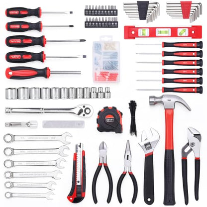 FASTPRO 236-Piece Home Repairing Tool Set, Mechanics Hand Tool Kit with 12-Inch Wide Mouth Open Storage Bag, Household Tool Set for DIY, Home Maintenance, Red - color: Red