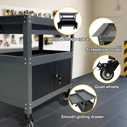 JZD Steel Rolling Tool Cart, Metal Industrial Grade Utility Cart on Wheels with One Drawer & Lockable Cabinets, for Mechanic Garage Auto Repair Shop, Black & Grey - size: 03