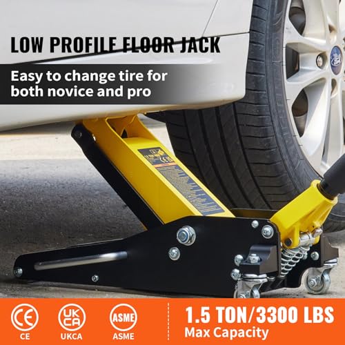 1.5 Ton Low Profile Aluminum Steel Racing Floor Jack Dual Pump Lift | Heavy-duty steel & aluminum construction, 3300 lbs capacity, dual pump system, low profile design for easy car lifting,
