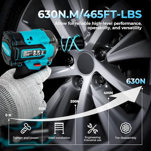 Brushless 1/2" Cordless Impact Wrench Kit, 630N.m (465Ft.lb) Impact Gun | 4.0Ah Battery and Fast Charger, 3-Mode Speed, 2500RPM 20V Power Impact Driver Electric Impact Wrench with LED Light for Car