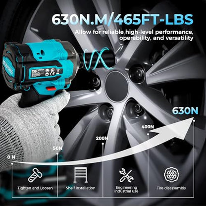 Brushless 1/2" Cordless Impact Wrench Kit, 630N.m (465Ft.lb) Impact Gun | 4.0Ah Battery and Fast Charger, 3-Mode Speed, 2500RPM 20V Power Impact Driver Electric Impact Wrench with LED Light for Car