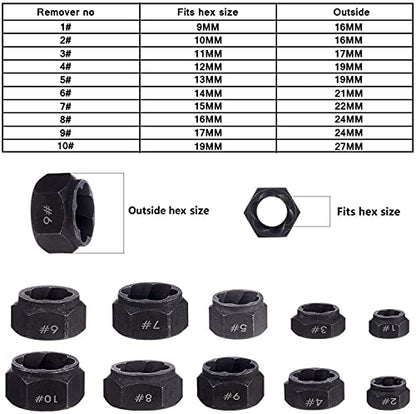 10 Pieces Nut Remover Extractor Tool Easy Out Bolt Extractor Set, 9-19mm Nut Screw Extractors Removal Set Broken Bolt Extractors Socket With Storage Case