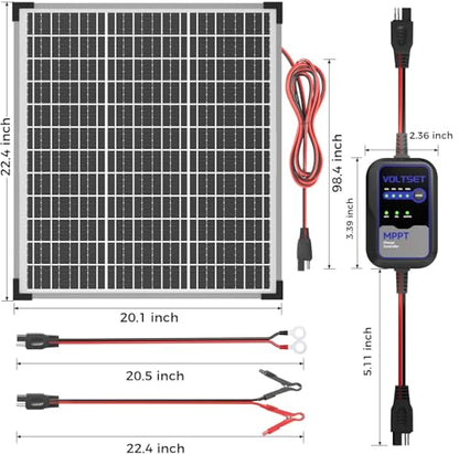 Voltset 50W Solar Panel Kit 12V Solar Battery Trickle Charger & Maintainer | MPPT Charge Controller | Waterproof Solar Panel Battery Charger | for Car RV Boat Marine Trailer | Adjustable Mount Bracket - size: mppt 50w
