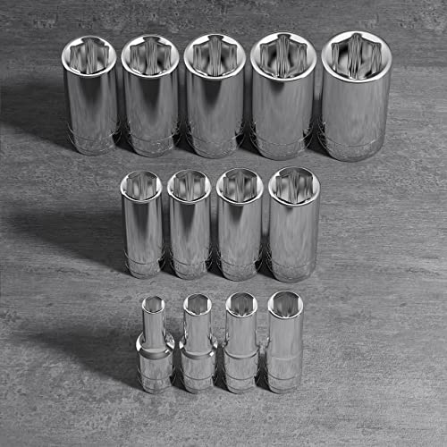 Olsa Tools SAE Deep Socket Set - 3/8-Inch Drive, 13pc - 6-Point Chrome Sockets from 1/4" to 1" and No Skipped Sizes - Mechanic Deep SAE Socket Set - Professional Grade Long Sockets - Part: 1332 - color: Sae Deep, size: 13pc, 3/8-Inch Drive