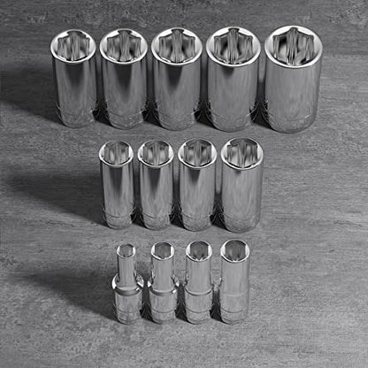 Olsa Tools SAE Deep Socket Set - 3/8-Inch Drive, 13pc - 6-Point Chrome Sockets from 1/4" to 1" and No Skipped Sizes - Mechanic Deep SAE Socket Set - Professional Grade Long Sockets - Part: 1332 - color: Sae Deep, size: 13pc, 3/8-Inch Drive