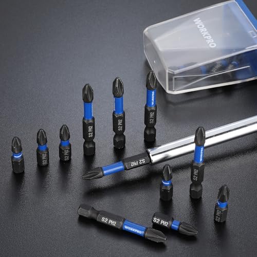 WORKPRO 16pcs PH2 Impact Phillips Screwdriver Bit Set, CNC Machined S2 Steel Tips with Magnetism, 1/4" Hex-Shank Driver Bits, 1"& 2" Long Impact Screwdriving Bits with Storage Box - size: 1 in&2 in