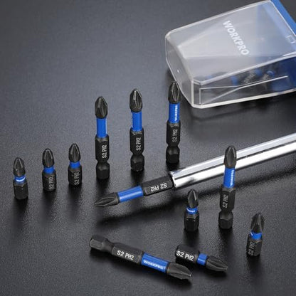 WORKPRO 16pcs PH2 Impact Phillips Screwdriver Bit Set, CNC Machined S2 Steel Tips with Magnetism, 1/4" Hex-Shank Driver Bits, 1"& 2" Long Impact Screwdriving Bits with Storage Box - size: 1 in&2 in