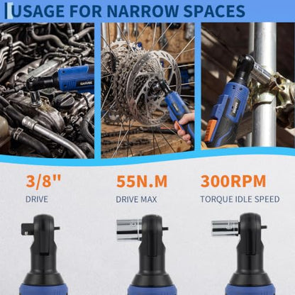3/8" Cordless Ratchet Wrench Set, 45Nm High Torque Electric Ratchet with 300RPM Variable Speed, Fast Charger, 21V Max & 2×2.0Ah Batteries, 10 Sockets, LED Work Light and Case