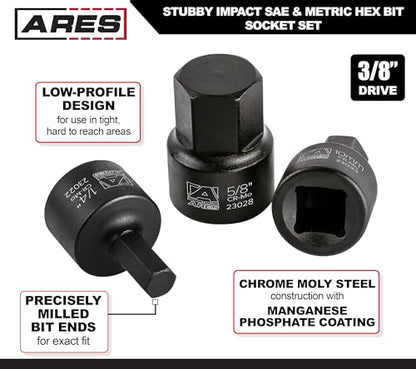 ARES 23021 16-Piece Stubby Impact SAE and Metric Hex Bit Socket Set | Chrome Moly Steel Construction and Manganese Phosphate Coating; Includes Storage Case - size: Stubby SAE and Metric Impact Hex Driver Set