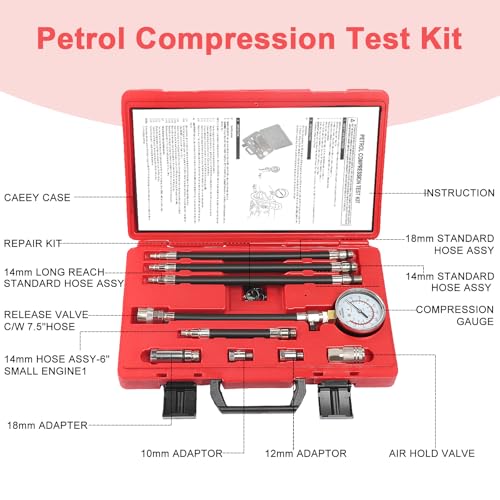 Petrol Compression Test Kit, Engine Compression Tester,2-3/4 | 2-3/4 in Bourdon Tube Gauge, 10 Pieces - size: Petrol Compression Test Kit
