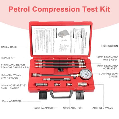 Petrol Compression Test Kit, Engine Compression Tester,2-3/4 | 2-3/4 in Bourdon Tube Gauge, 10 Pieces - size: Petrol Compression Test Kit