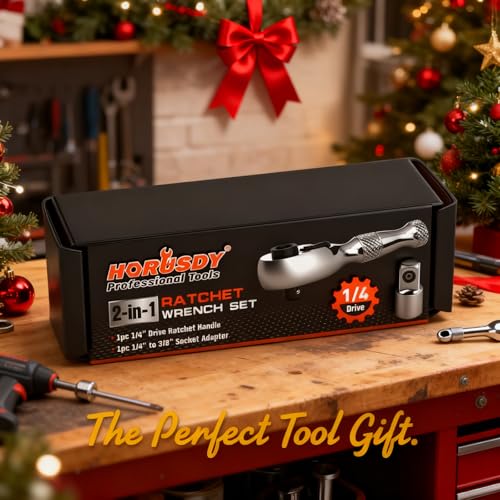 HORUSDY 1/4-Inch Stubby Ratchet Wrench Set, Chrome Alloy 90-Tooth Reversible 1/4" Drive Handle with Magnetic Bit Driver & 1/4" to 3/8" Adapter, Compact Socket Wrench for Tight Spaces, Auto, DIY - style: 1/4" Drive 90T stubby