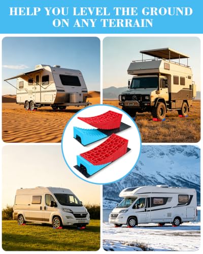 RV Leveling Blocks Kit, Heavy Duty Anti-Slip Mats & Carrying Bag, 2 Pack | Blue & Red. For travel trailer, motorhome, dual axle. HDPE, support 45000 lbs. Levels ½" - 4" in 5 min. - color: Blue & Red