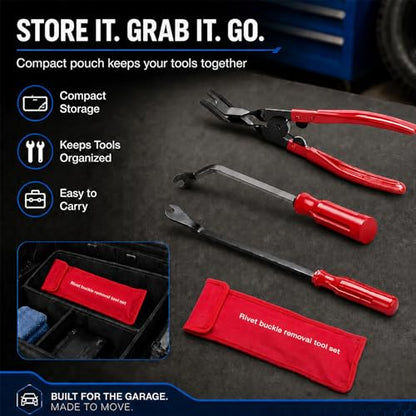 3 Pcs Auto Clip Pliers Set & Fastener Remover – Car Trim Rivet Removal Pry Tool Repair Kit with Storage Bag, for Automotive Door Panel, Upholstery, Dashboard, Plastic Fasteners (Red) - color: Red