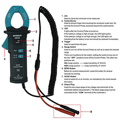 allsun AC/DC Clamp Meter Multimeter 400A True RMS Current Tester, Hall Effect Sensor, CAT III 600V, Low Battery Indicator, Auto Zero, 1mV/A and 10 mV/A Sensitivity
