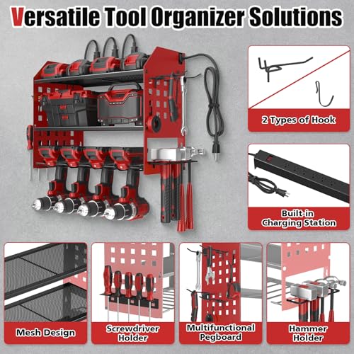 SUNALLY Power Tool Organizer Wall Mount with Charging Station,3 Layer Metal Tool Storage Rack with 4 Drill Holders, Heavy Duty Power Tool Shelf for Garage, Warehouse, Workshop, Gifts for Men, Husband - style: 4 Drill Holders F