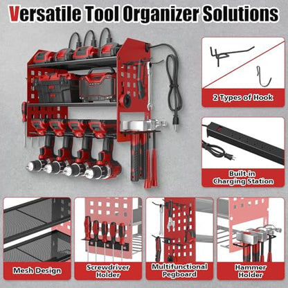SUNALLY Power Tool Organizer Wall Mount with Charging Station,3 Layer Metal Tool Storage Rack with 4 Drill Holders, Heavy Duty Power Tool Shelf for Garage, Warehouse, Workshop, Gifts for Men, Husband - style: 4 Drill Holders F
