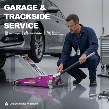 3 Ton (6,600 lbs) Low Profile Aluminum Hydraulic Racing Floor Jack with Dual Piston Quick Lift Pump, Lifting Range 3.74" to 18.9", for Cars, Trucks and SUVs, Purple