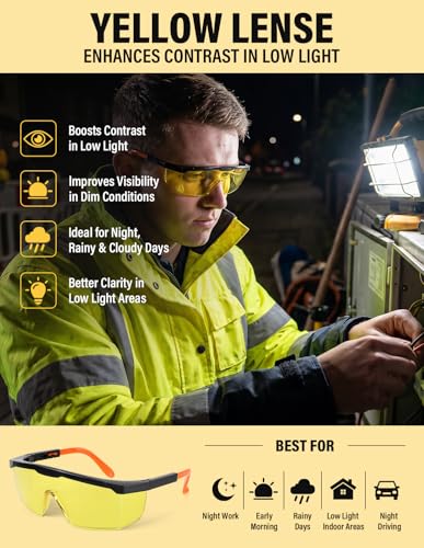 Safety Glasses 4 Pack – Amber Lense Enhanced Visibility ANSI Z87.1 Anti Fog, UV Protection, Impact Resistant Protective Eyewear Over-spec - color: Amber