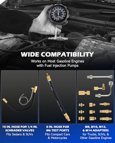 OMT Fuel Injection Pressure Tester Kit With 140 PSI Gauge, Quick Fittings | Durable Brass & Aluminum Connectors; Gasoline Pump Diagnostic Hoses; Vehicle Maintenance; For Professional Auto Mechanics