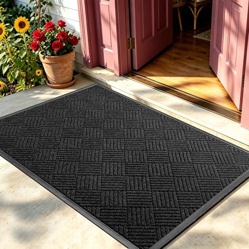 Front Door Mat, Heavy Duty Waterproof Rubber Doormat for Indoor Outdoor, Non-Slip Low Profile Dirt Trapper Absorbent Mat for Entryway, Stain Fade Resistant Easy Clean 47.5"x35.5", Black - color: Black, size: 2'11" x 3'11" (Rectangular)