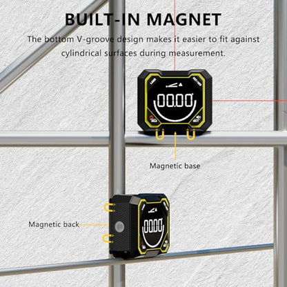 Digital Angle Finder with Laser, Magnetic Inclinometer, USB Rechargeable | 4x90° angle measurement with backlit LCD, auto-rotating display and magnetic base for woodworking, construction and DIY.