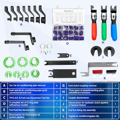 ZKTOOL 31PC Quick Disconnect Tool Set, with 225PCS A complete set of O-ring seals with various models, Fuel Line Disconnect Tool Kit for A/C Fuel Transmission Systems,Kit For Most Ford Chevy GM Models