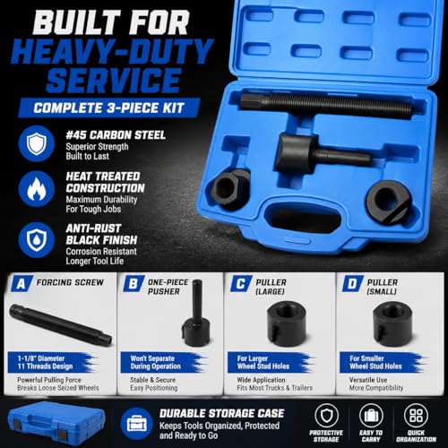 Dual Wheel Separator Tool Kit, Heavy Duty One-Piece Pusher Wheel Hub Removal Tool for Truck Bus Van Trailer, Carbon Steel Ball Bearing Driven, 3-Piece Set with Storage Case