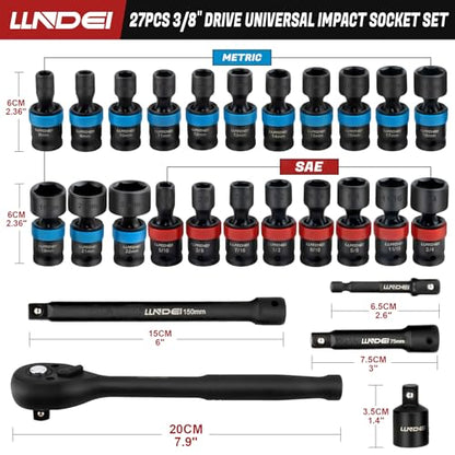 LLNDEI 27Pcs 3/8" Drive Swivel Impact Socket Set, CR-MO Swivel Socket Set Metric(8-22mm)& SAE(5/16-3/4),6 Point Wobble Socket Set with Ratchet Wrench, Extension Bar and Adapters. - size: 27Pcs 3/8" Swivel Socket Set S&M