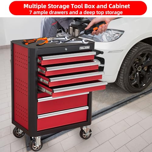 Upgrade 7-Drawer Rolling Tool Chest with Locking Wheels & Drawers, 18.5" D x 27.9" W x 39.5" H Mobile Tool Storage Cabinet, Heavy-Duty Garage Organizer w/Ergonomic Handle - color: Red and White