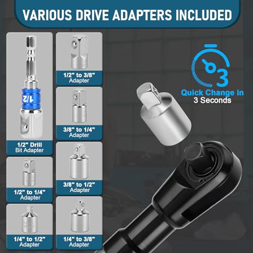 1/2 Inch Offset Extension Wrench Impact Strong Torsion Output Steel Wrench Extender with 6 Sockets & 1 Adapter Rod for Tight & Narrow Spaces (Gray1) - color: Gray1