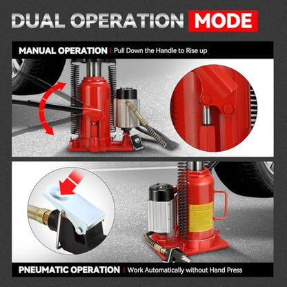 Auto Dynasty 20 Ton Air Hydraulic Bottle Jack Air-Operated Hydraulic Bottle Jack Portable Low Profile Manual All Welded Leakproof Design with Safety Valve for Car Pickup Truck RV Auto Repair w/Handle