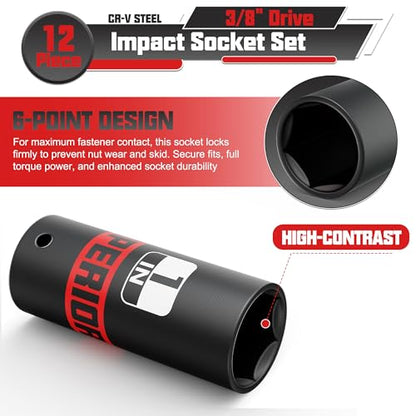12 Piece 3/8" Drive Impact Socket Set, 5/16"- 1" Deep Socket, SAE, 6 Point, CR-V, Automotive Motorcycle and Bicycle Maintenance, Machinery Manufacturing - size: 3/8" Deep SAE