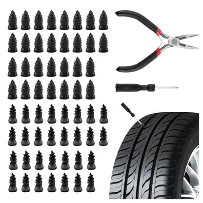 60PCS Car Tire Repair Rubber Nail Kit with Pliers/Screwdrivers,Self-Service Tubeless Tire Repair Screws Kit for Quick Repairs of Punctures,2 Sizes Screw Tires Plug Kits - color: Black