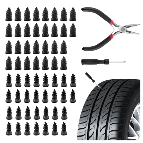 60PCS Car Tire Repair Rubber Nail Kit with Pliers/Screwdrivers,Self-Service Tubeless Tire Repair Screws Kit for Quick Repairs of Punctures,2 Sizes Screw Tires Plug Kits - color: Black