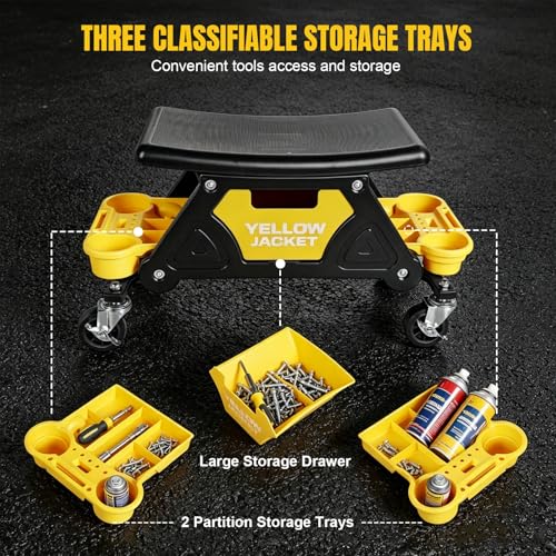 YELLOW JACKET Rolling Mechanic Seat with Drawer & Trays, 300lb, Garage Shop | Two tool trays & drawer for storage. Smooth casters, padded seat, 300 lb capacity. Great for auto repair, workshop & garage.