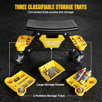 YELLOW JACKET Rolling Mechanic Seat with Drawer & Trays, 300lb, Garage Shop | Two tool trays & drawer for storage. Smooth casters, padded seat, 300 lb capacity. Great for auto repair, workshop & garage.