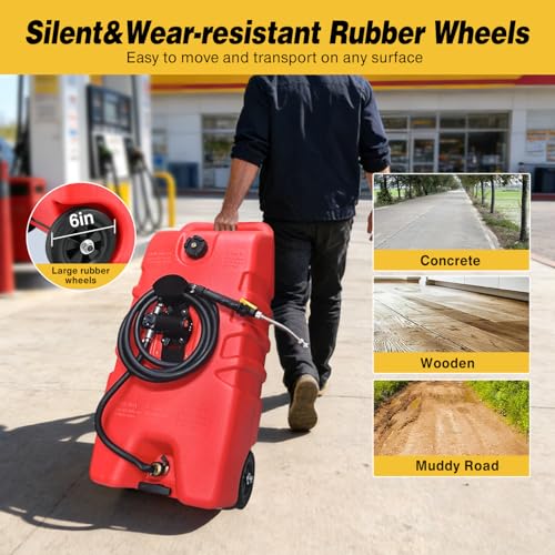 GOOACC 14 Gallon Fuel Caddy, Portable Fuel Transfer Tank with 12V DC Electric Pump, Heavy-Duty Empty Gasoline/Diesel Storage Container with Wheels and 10FT Hose for Motorcycles Boats Lawn Mowers, Red - size: 14 Gal Electric